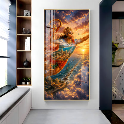 Lord Hanuman Flying Over Ocean Ram Setu Premium Acrylic Vertical Wall Art