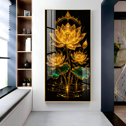 Sacred Golden Lotus Bloom Premium Acrylic Vertical Wall Art
