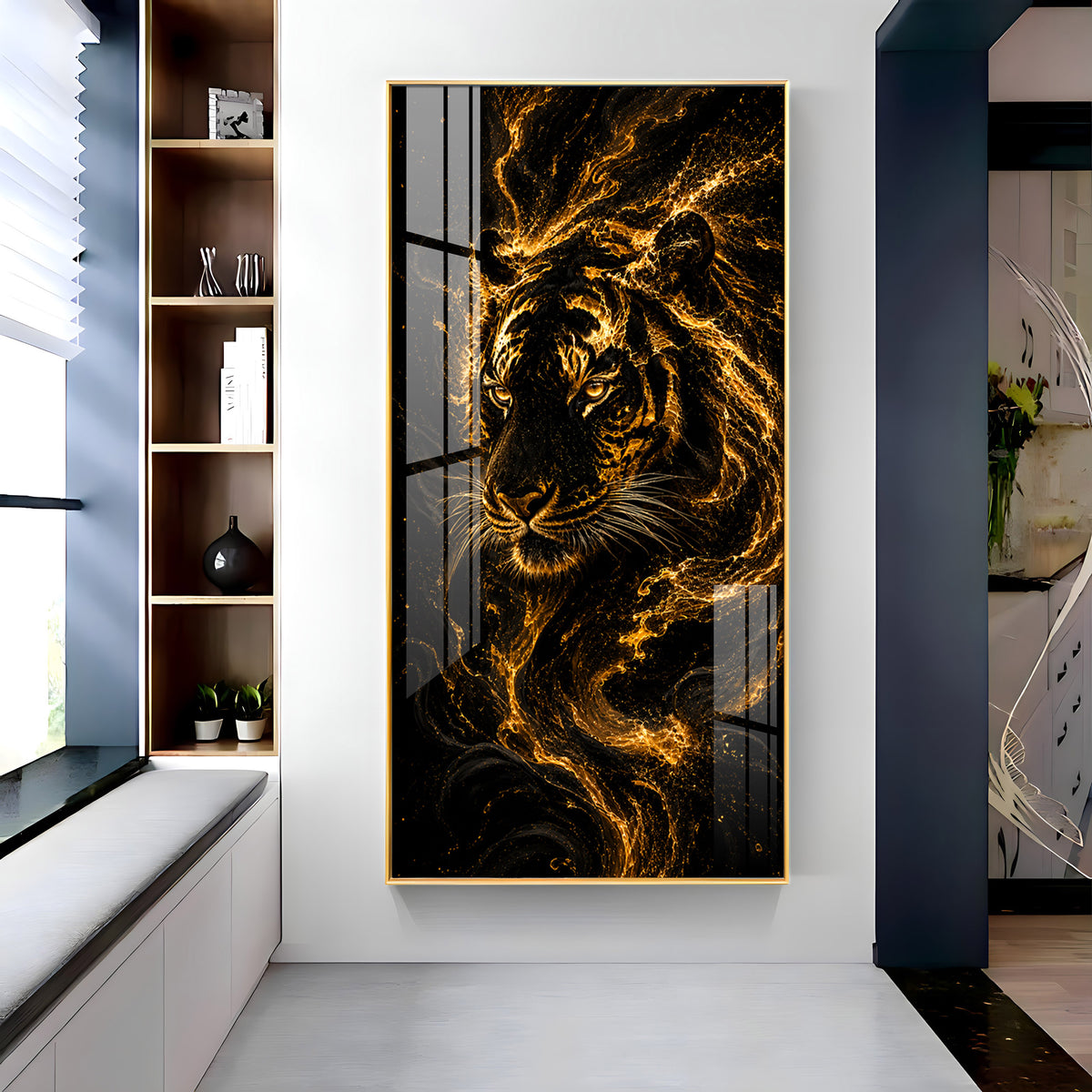 Majestic Golden Fire Tiger Premium Acrylic Vertical Wall Art