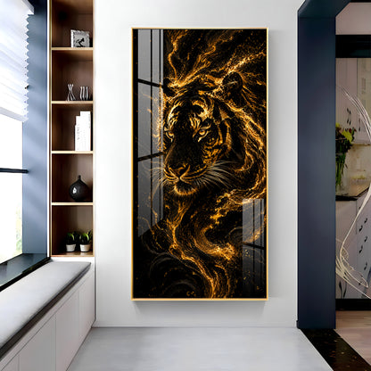 Majestic Golden Fire Tiger Premium Acrylic Vertical Wall Art