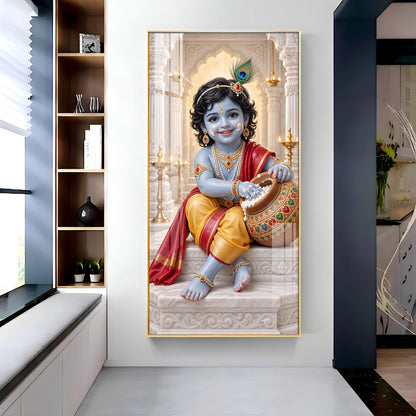 Little Krishna With Makhan Matki Premium Acrylic Vertical Wall Art