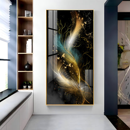 Abstract Golden & White Feathers Premium Acrylic Vertical Wall Art
