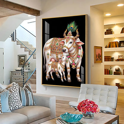 Kamdhenu Cow With Calf Premium Acrylic Vertical Wall Art