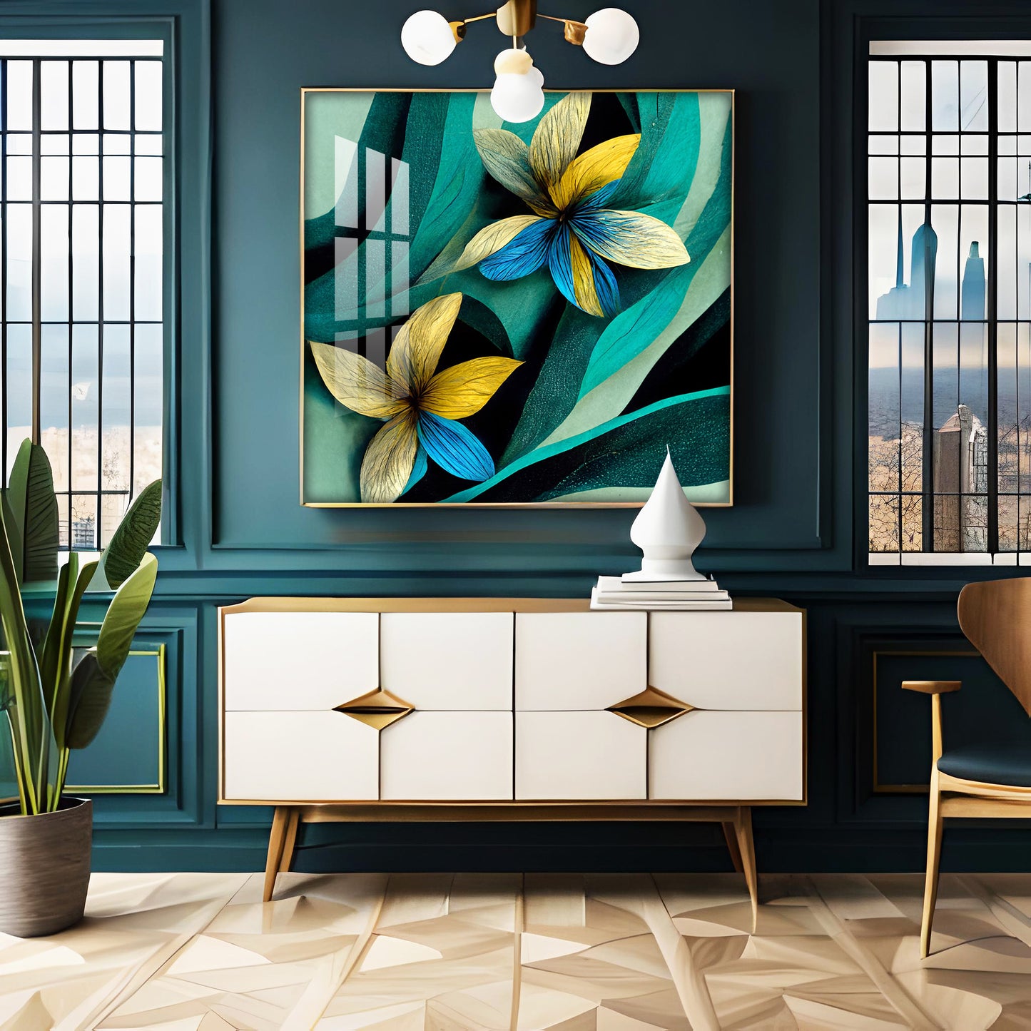 Teal and Yellow Abstract Flower Premium Acrylic Square Wall Art