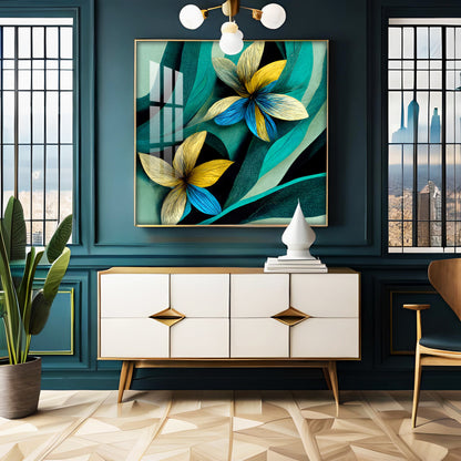 Teal and Yellow Abstract Flower Premium Acrylic Square Wall Art