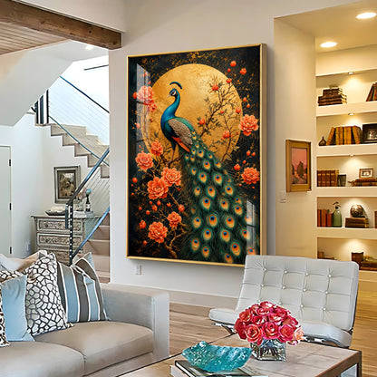 Golden Moon Peacock Premium Acrylic Vertical Wall Art