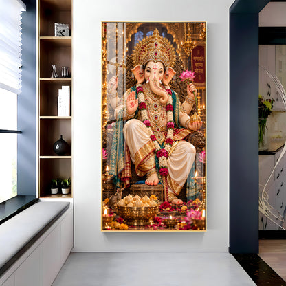 Ganpati Bappa Morya Golden Throne Premium Acrylic Vertical Wall Art
