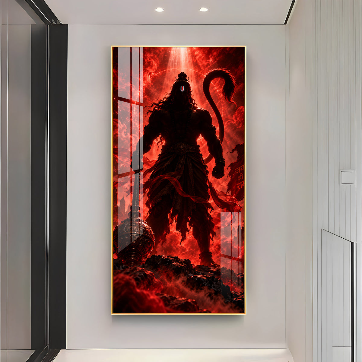 Hanuman Silhouette in Red Glow Premium Acrylic Vertical Wall Art