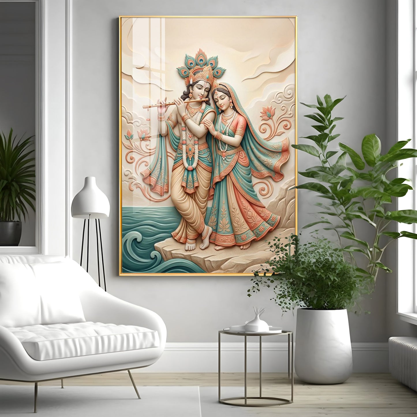 Radha Krishna Standing Together Premium Acrylic Vertical Wall Art