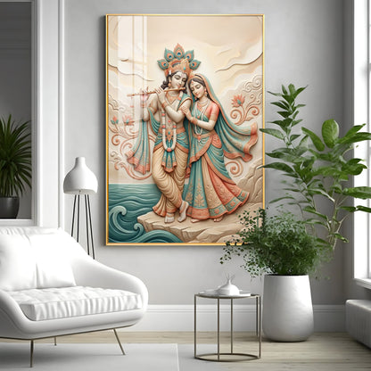 Radha Krishna Standing Together Premium Acrylic Vertical Wall Art