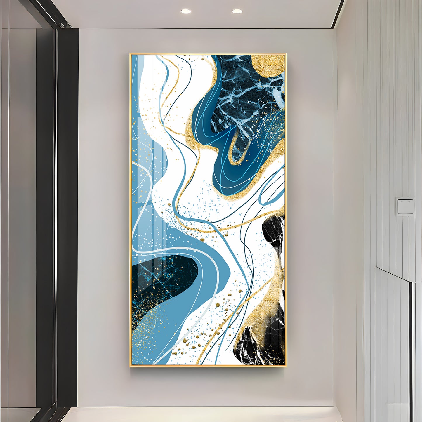Stylized Fans In Gold & Blue Tones Premium Acrylic Vertical Wall Art