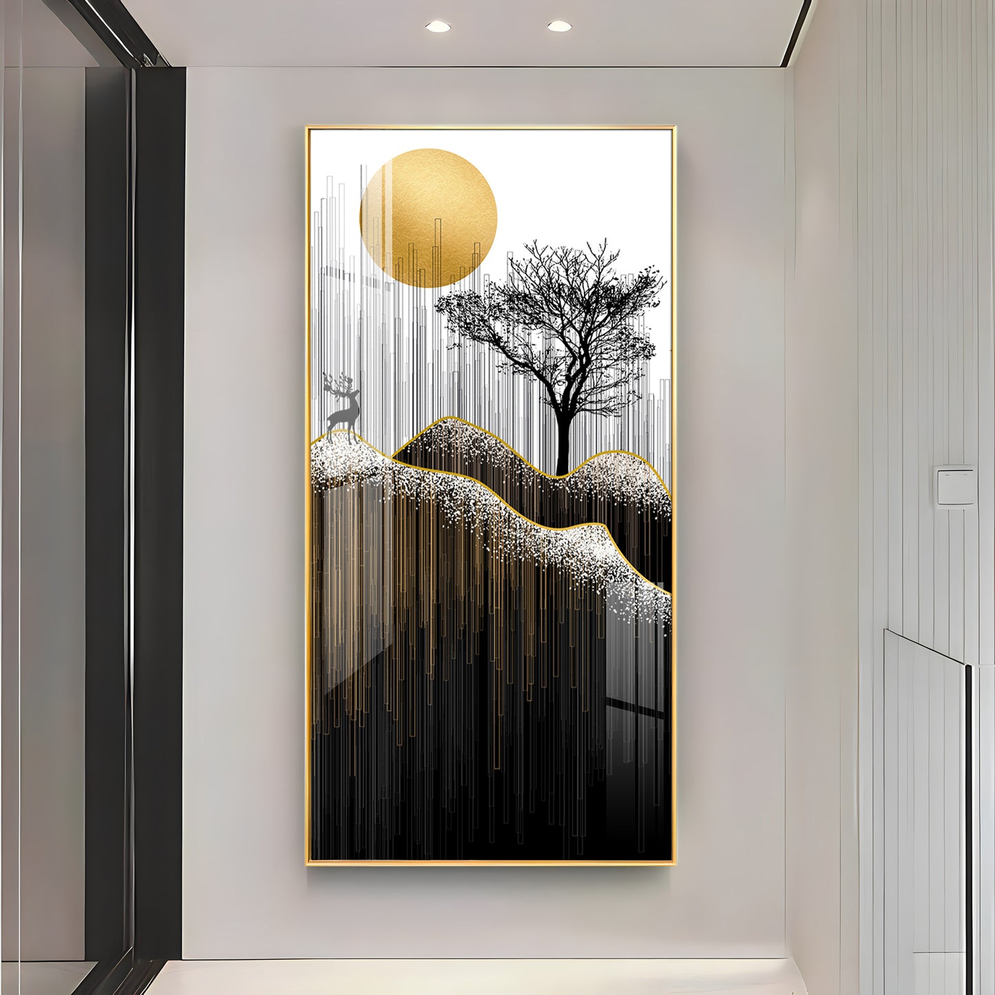 Gold Moon Stylized Black Tree Premium Acrylic Vertical Wall Art