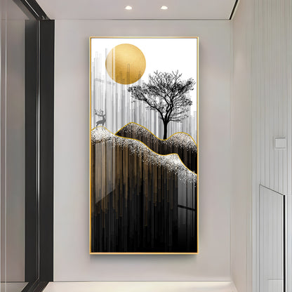 Gold Moon Stylized Black Tree Premium Acrylic Vertical Wall Art