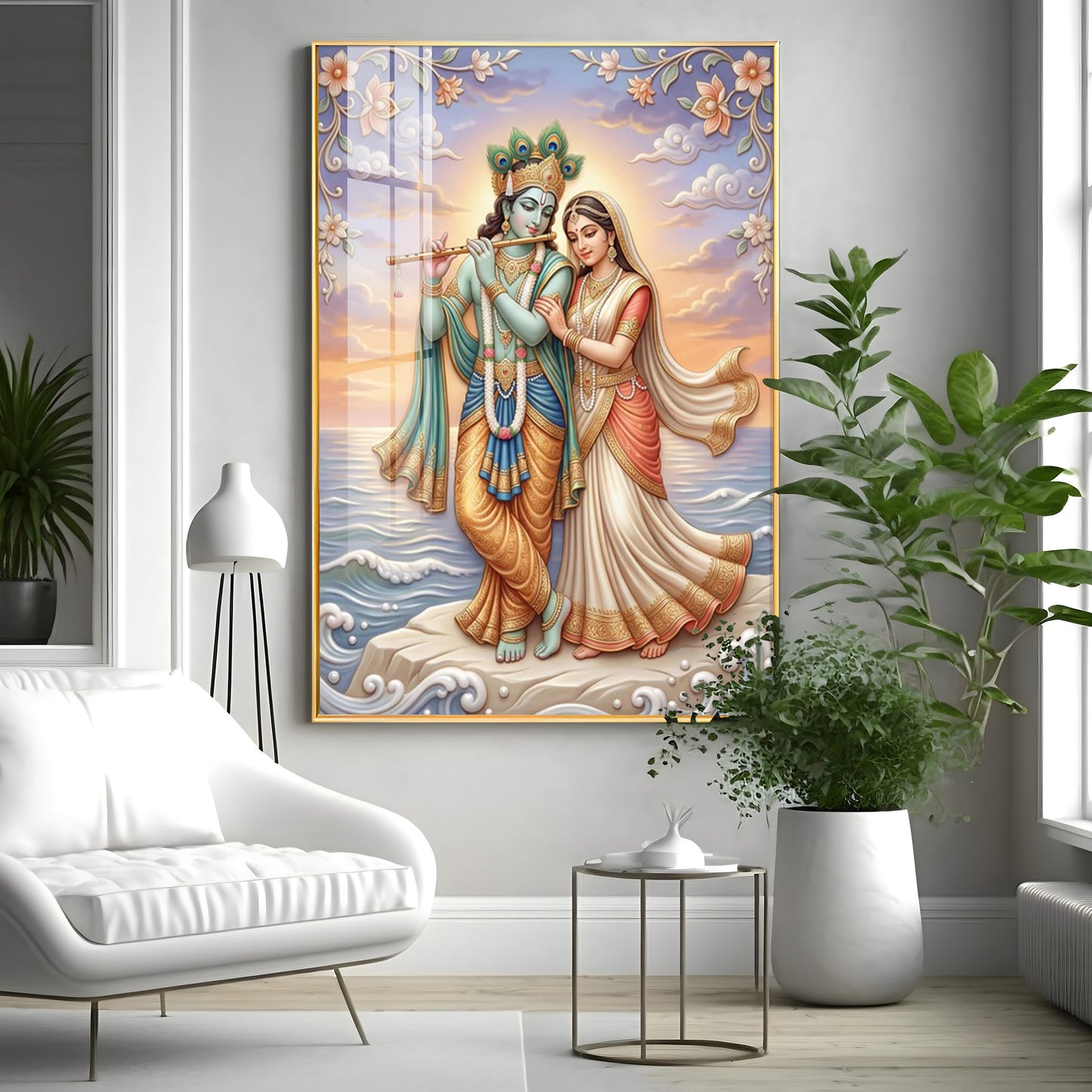 Lord Krishna With Shri Radha Premium Acrylic Vertical Wall Art