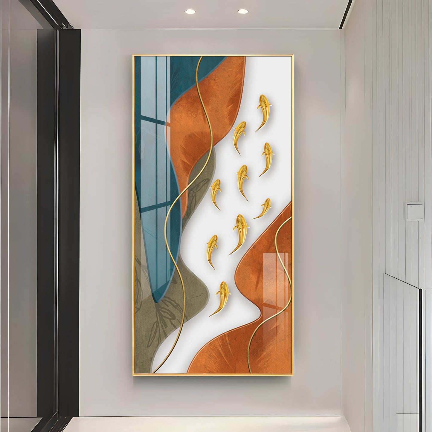 Gold Fish With Abstract Design Premium Acrylic Vertical Wall Art