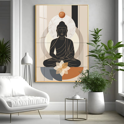 Minimal Black Buddha & Lotus Premium Acrylic Vertical Wall Art