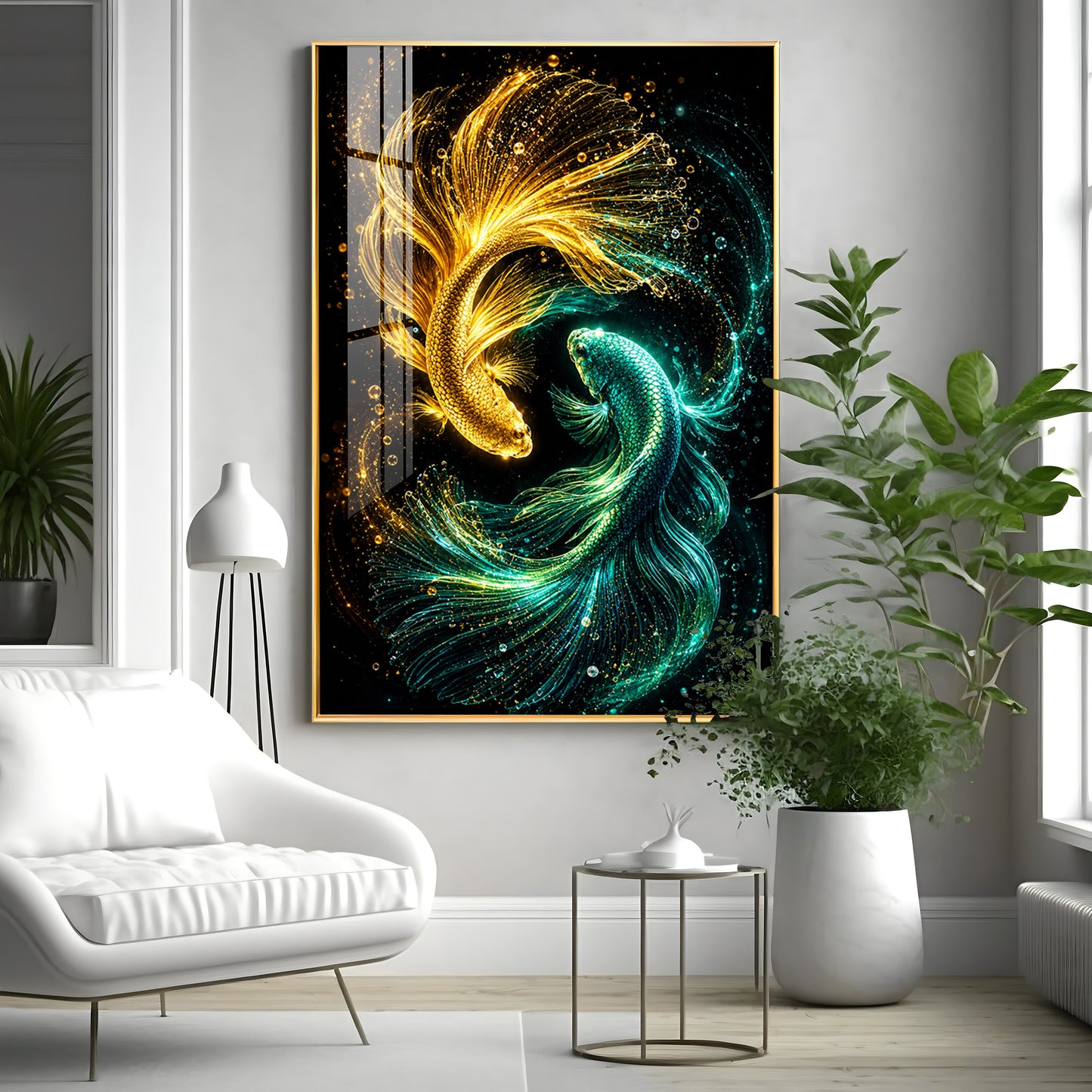 Luminous Gold Fish Premium Acrylic Vertical Wall Art