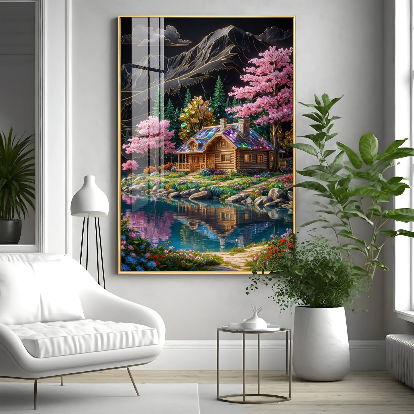 Water & Colorful Floral Landscaping Premium Acrylic Vertical Wall Art