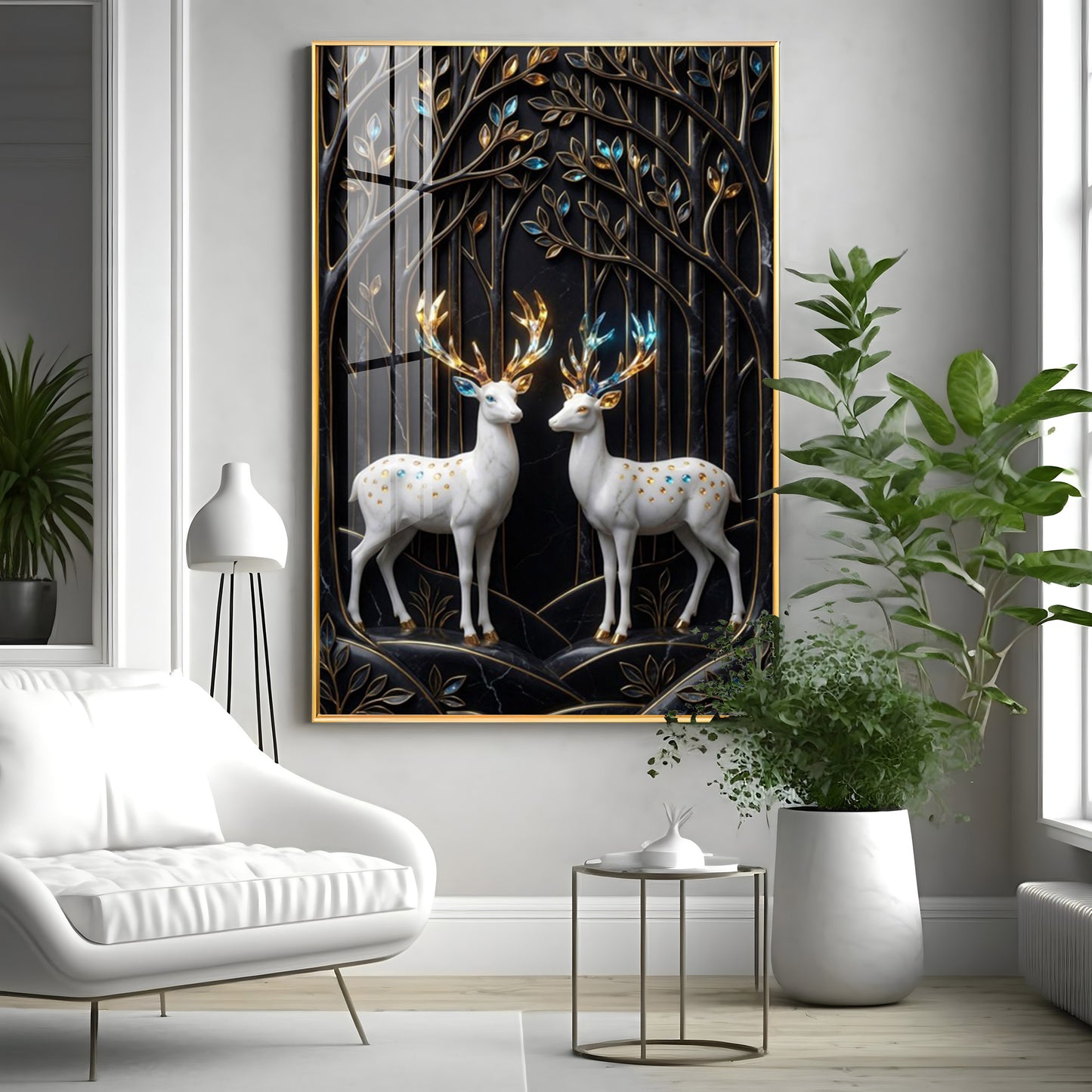 White Deers In Nature Premium Acrylic Vertical Wall Art