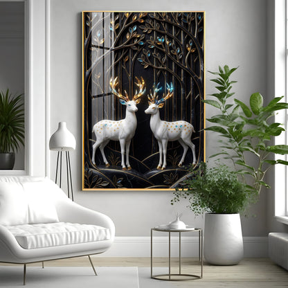 White Deers In Nature Premium Acrylic Vertical Wall Art