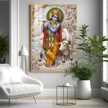 Shri Krishna With Cow Premium Acrylic Vertical Wall Art