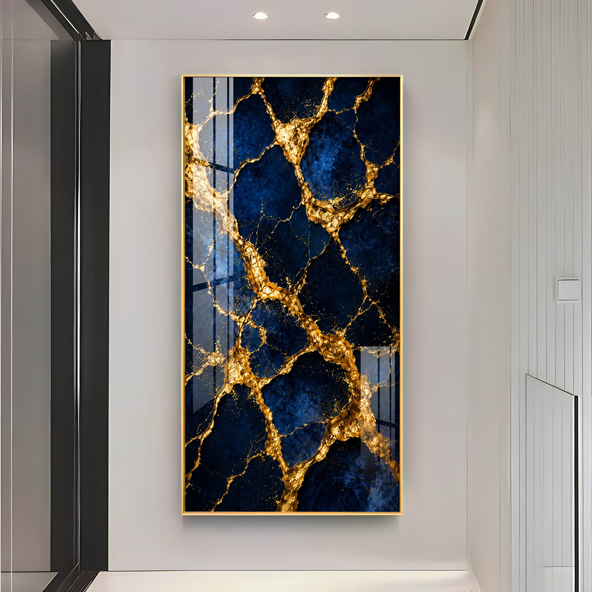 Luxurious Blue & Gold Cracked Marble Premium Acrylic Vertical Wall Art