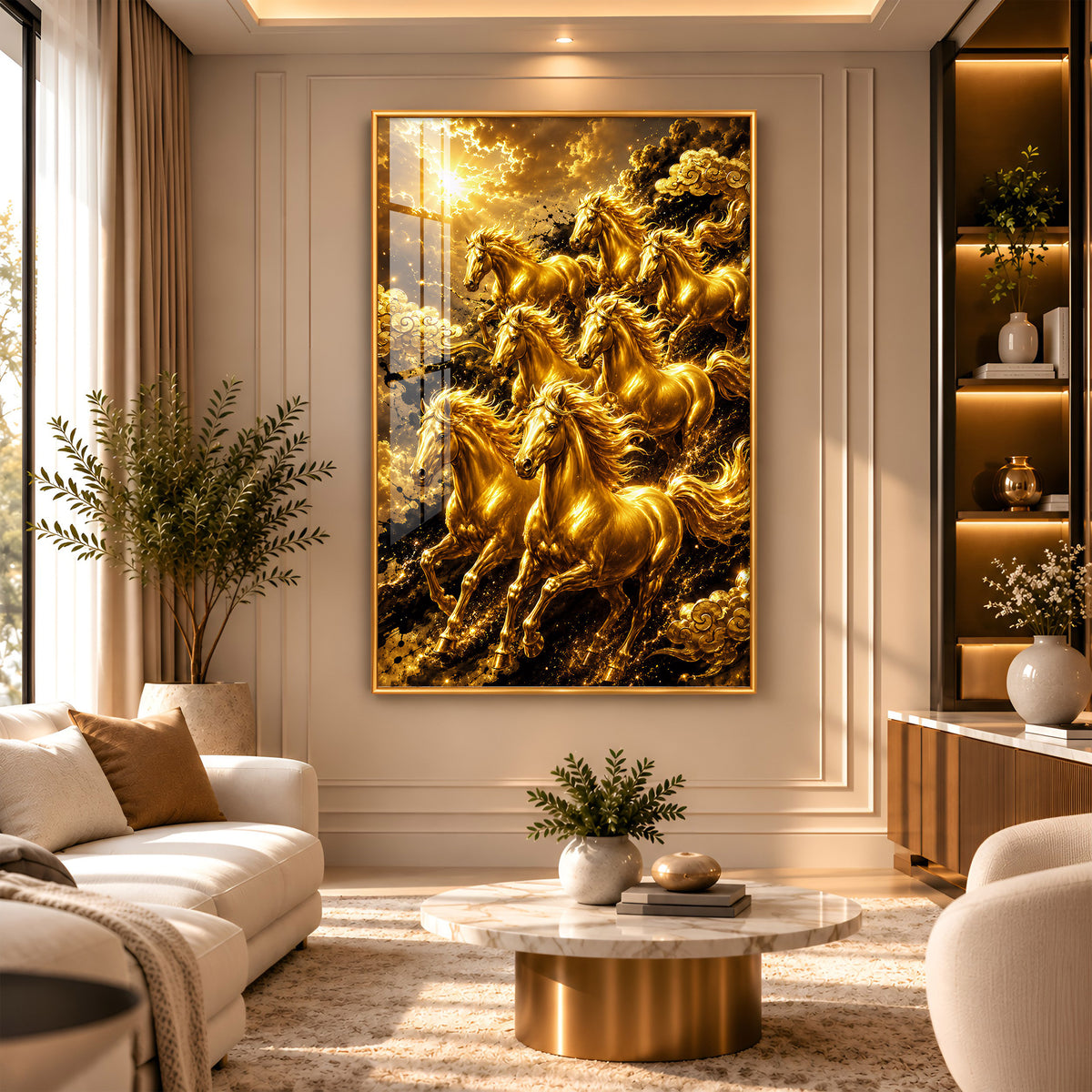 Golden Seven Horses Premium Acrylic Vertical Wall Art