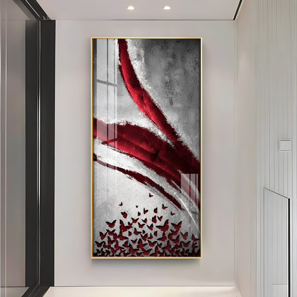 Red Crimson Swirl and Butterfly Premium Acrylic Vertical Wall Art