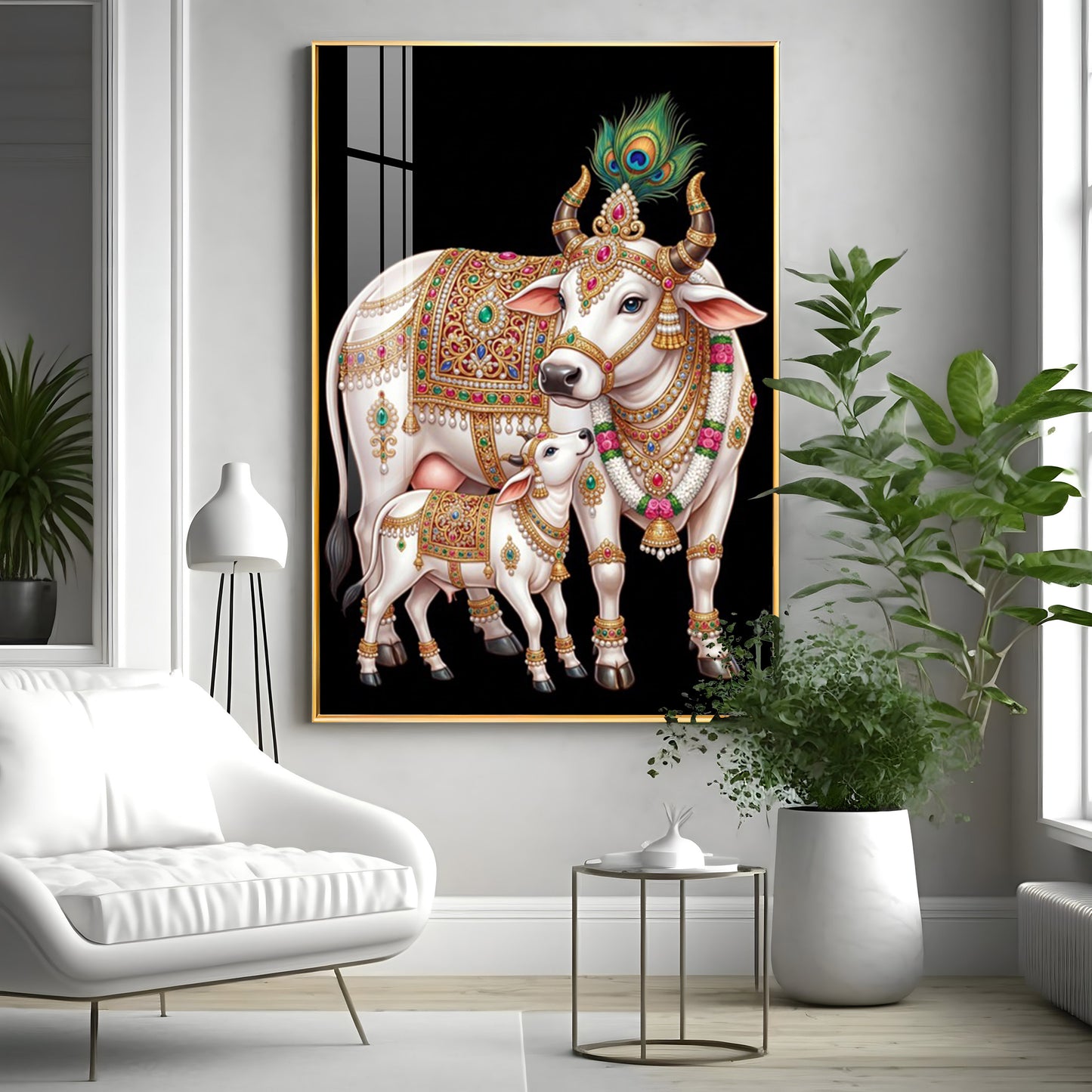 Kamdhenu Cow With Calf Premium Acrylic Vertical Wall Art