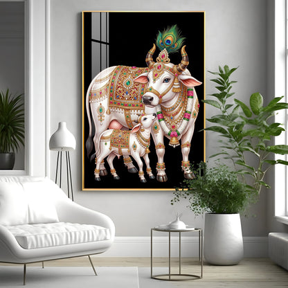 Kamdhenu Cow With Calf Premium Acrylic Vertical Wall Art