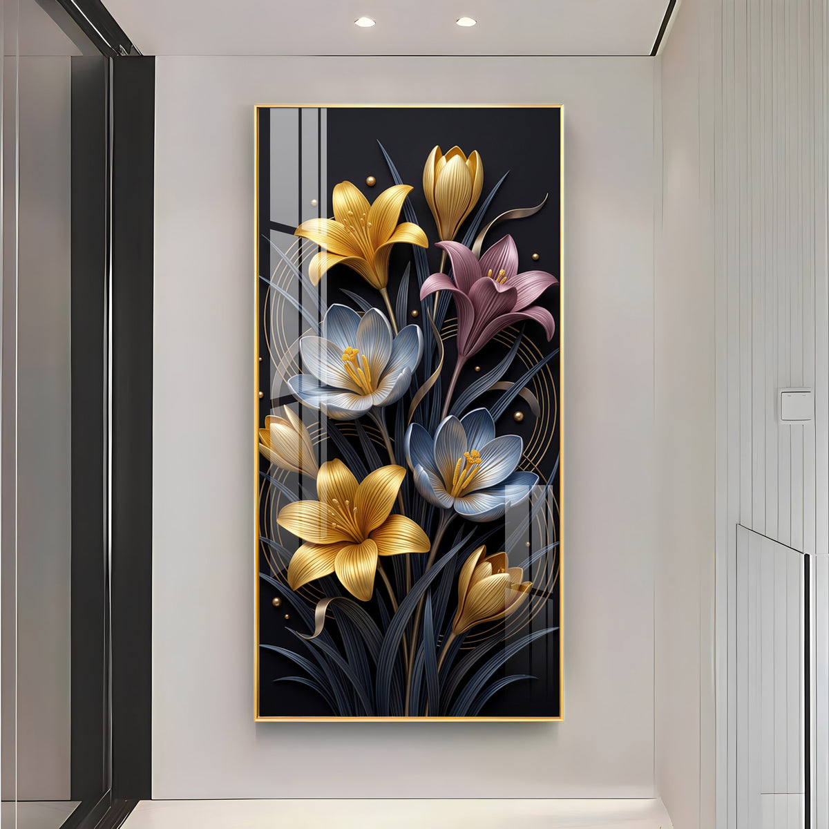 Metallic Floral Bouquet Gold & Blue Lilies Premium Acrylic Vertical Wall Art
