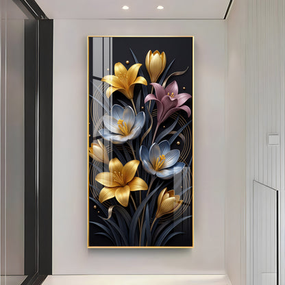 Metallic Floral Bouquet Gold & Blue Lilies Premium Acrylic Vertical Wall Art