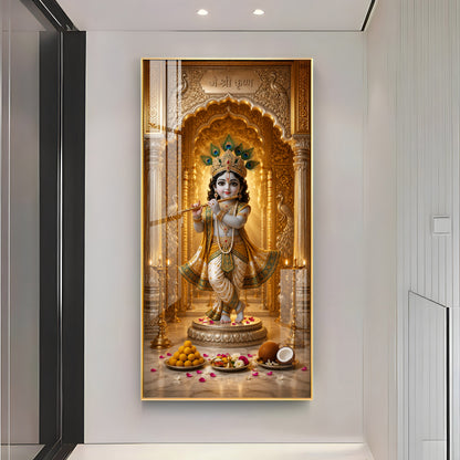 Little Krishna Playing Bansuri Premium Acrylic Vertical Wall Art