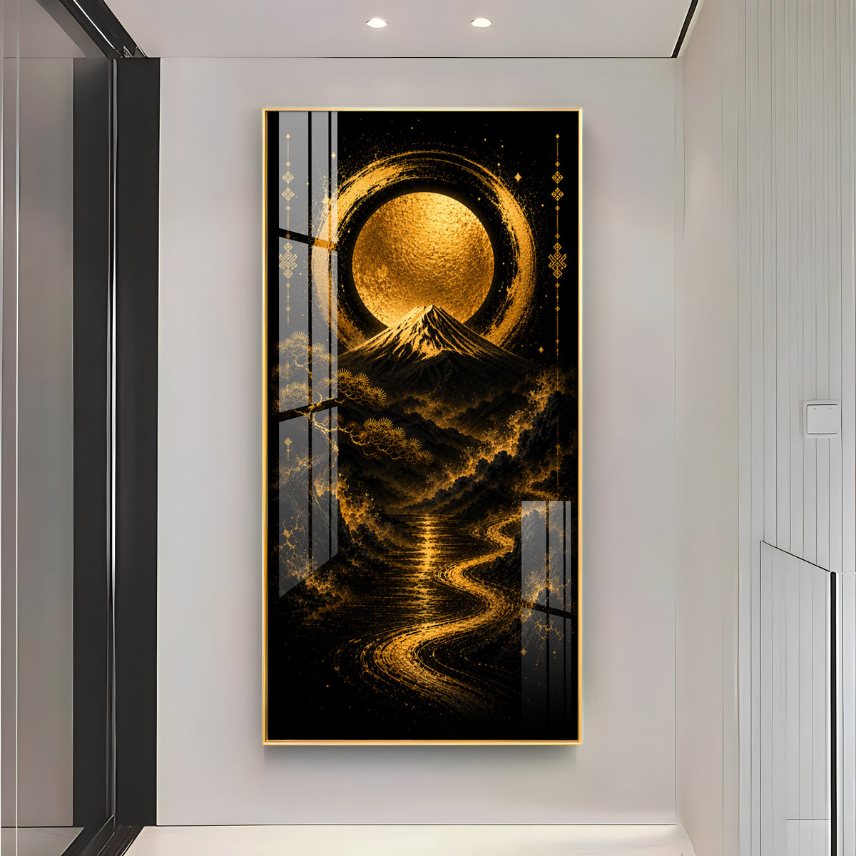 Golden Moon & Sacred Mountain Landscape Premium Acrylic Vertical Wall Art
