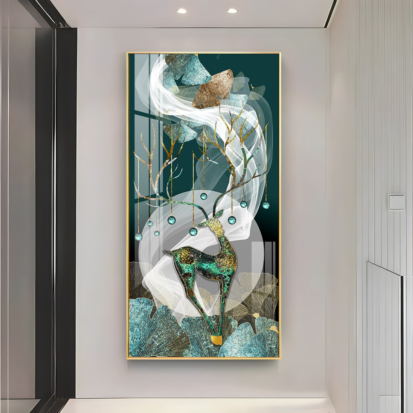 Deer With Dark Green Background Premium Acrylic Vertical Wall Art