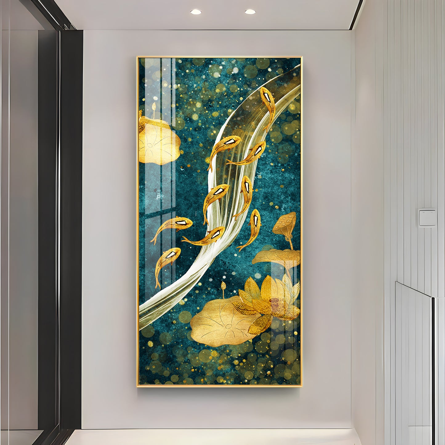 Modern Golden Koi Fish & Lotus Premium Acrylic Vertical Wall Art