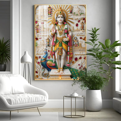 Lord Kartikeya With Peacock Premium Acrylic Vertical Wall Art