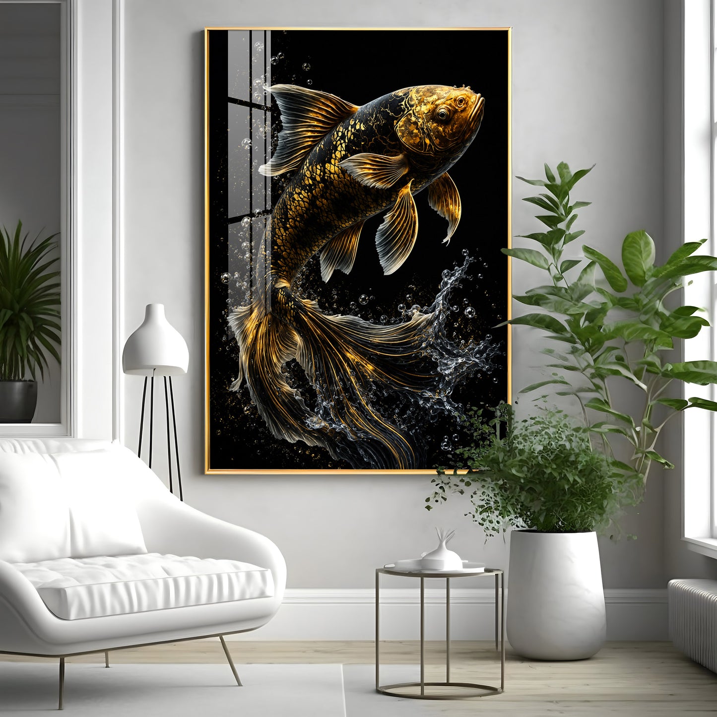 Golden Koi Splash Premium Acrylic Vertical Wall Art