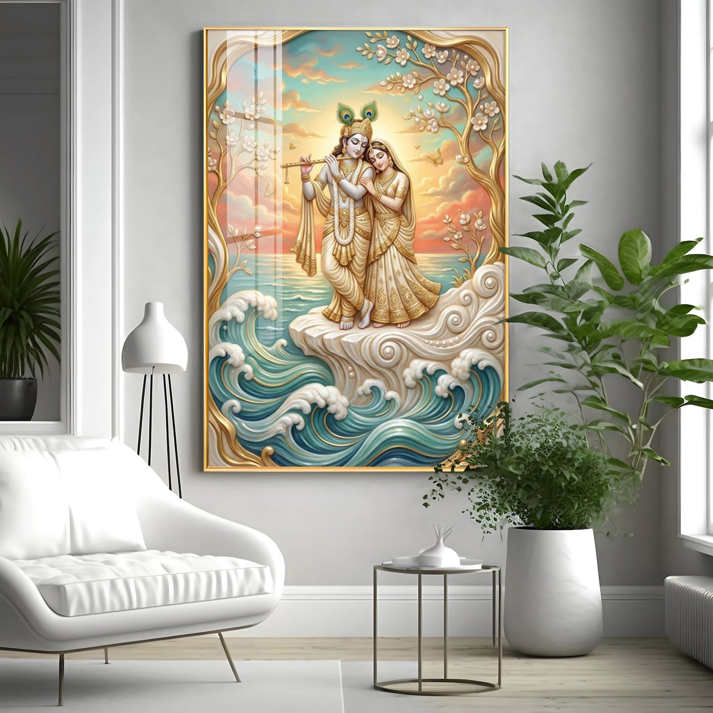 Beautiful Radha Krishna With Flute Premium Acrylic Vertical Wall Art
