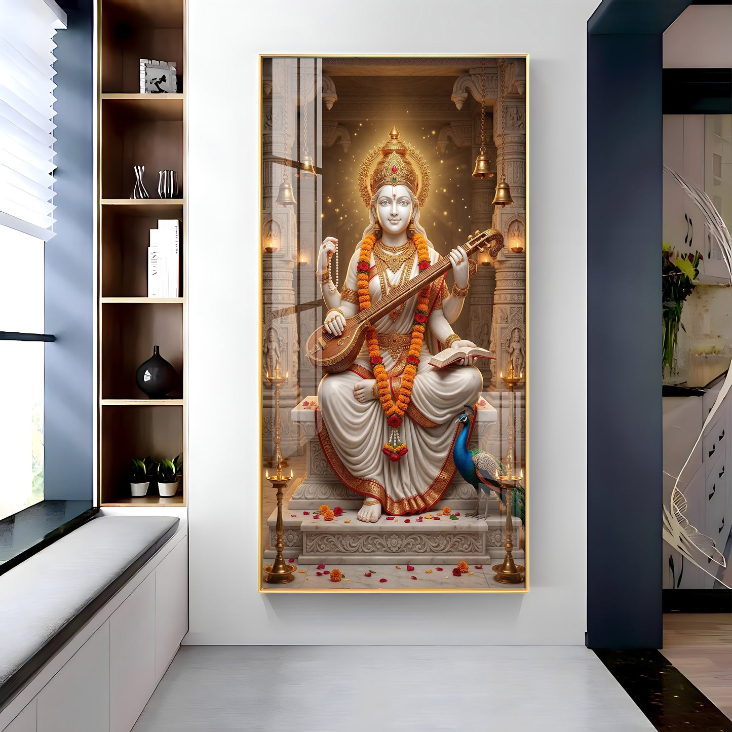 Divine Harmony Of Saraswati Maa Premium Acrylic Vertical Wall Art