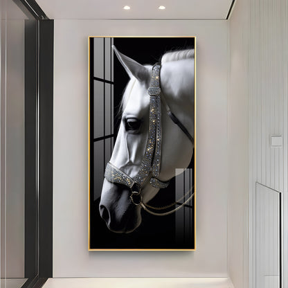 White Horse With Black Background Premium Acrylic Vertical Wall Art