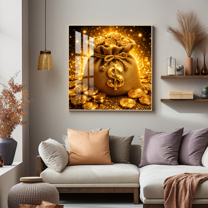Golden Money Bag Premium Acrylic Square Wall Art