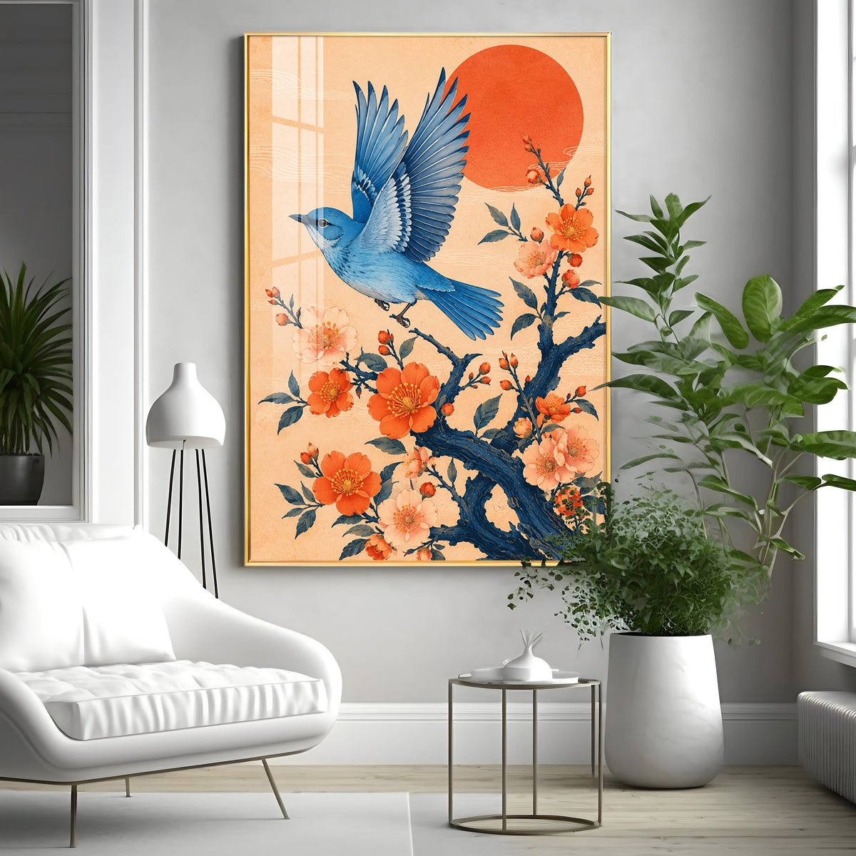 Flying Bluebird & Orange Blossoms Premium Acrylic Vertical Wall Art