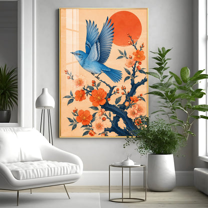 Flying Bluebird & Orange Blossoms Premium Acrylic Vertical Wall Art