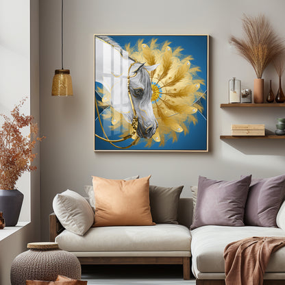 White Horse With Golden chakra Premium Acrylic Square Wall Art