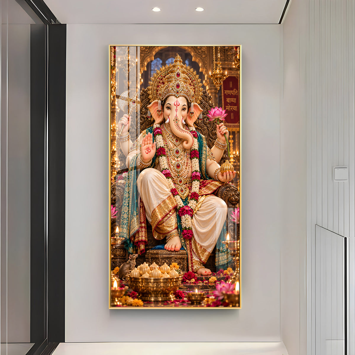 Ganpati Bappa Morya Golden Throne Premium Acrylic Vertical Wall Art