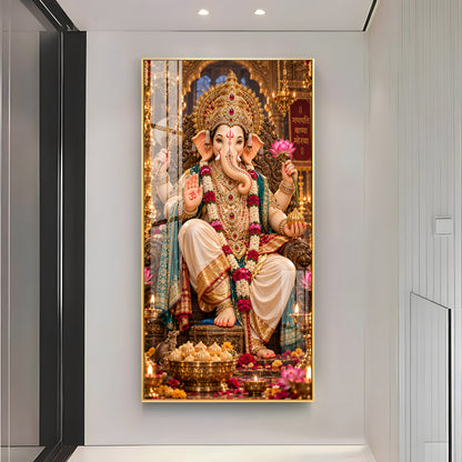 Ganpati Bappa Morya Golden Throne Premium Acrylic Vertical Wall Art