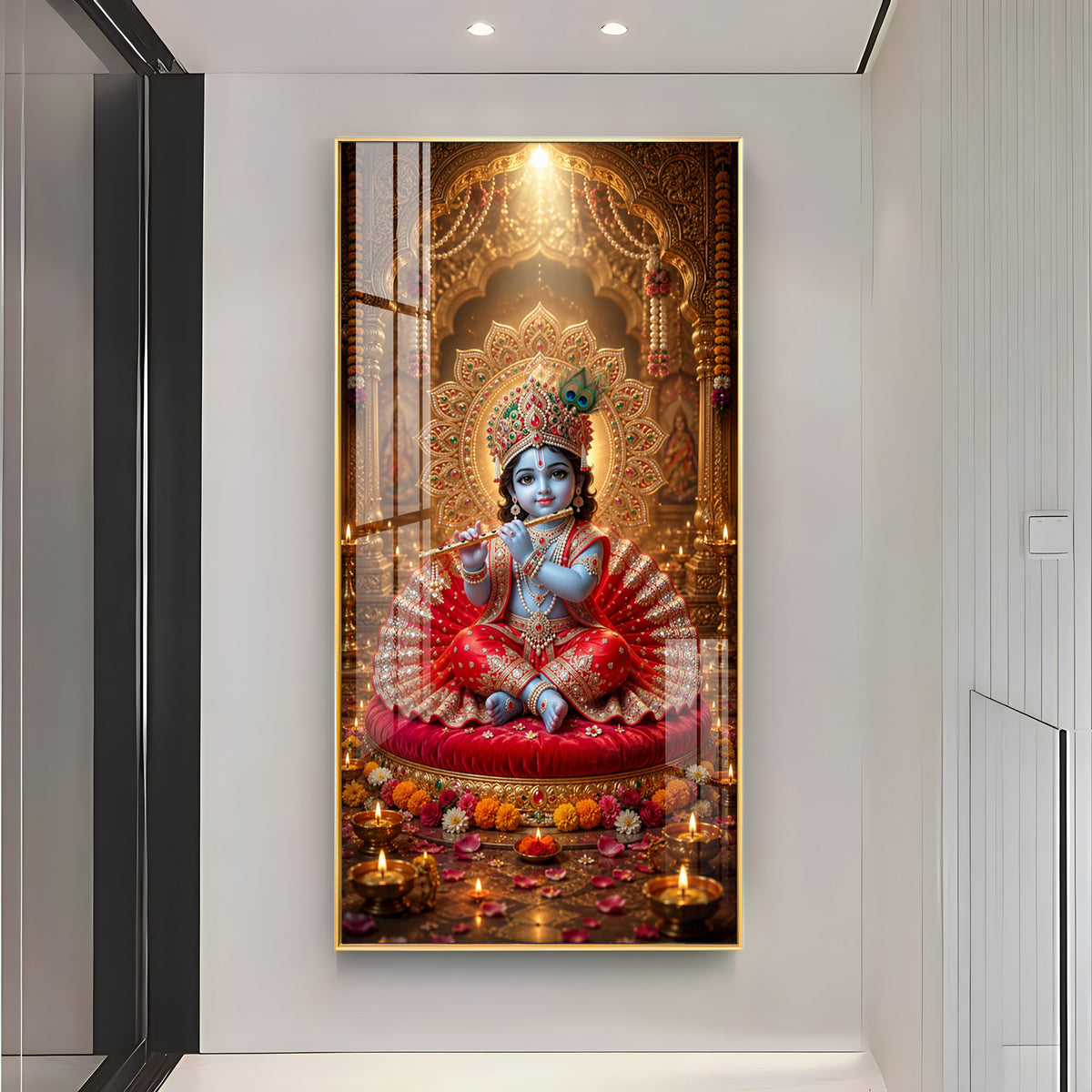Divine Bal Krishna With Makhan Matki Premium Acrylic Vertical Wall Art