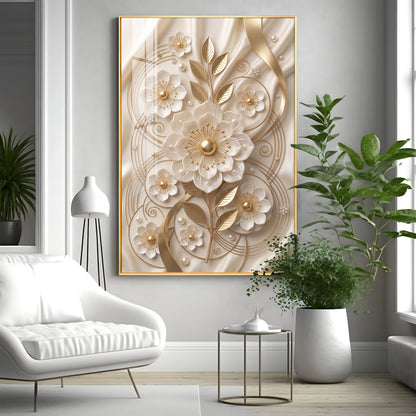White & Gold Floral Carving Premium Acrylic Vertical Wall Art