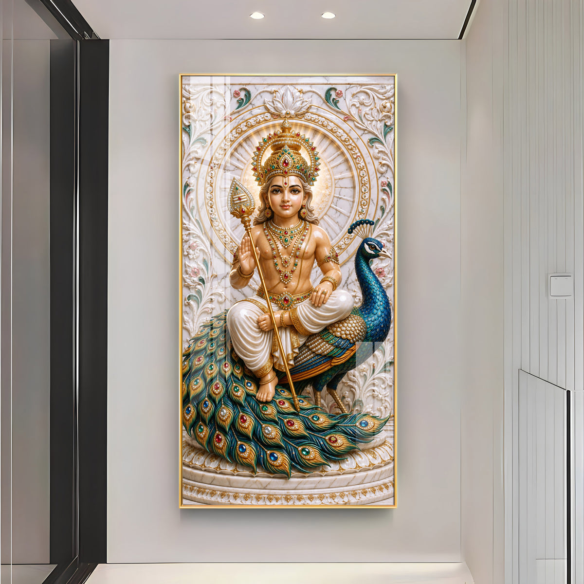 Holy Murugan With Peacock Premium Acrylic Vertical Wall Art